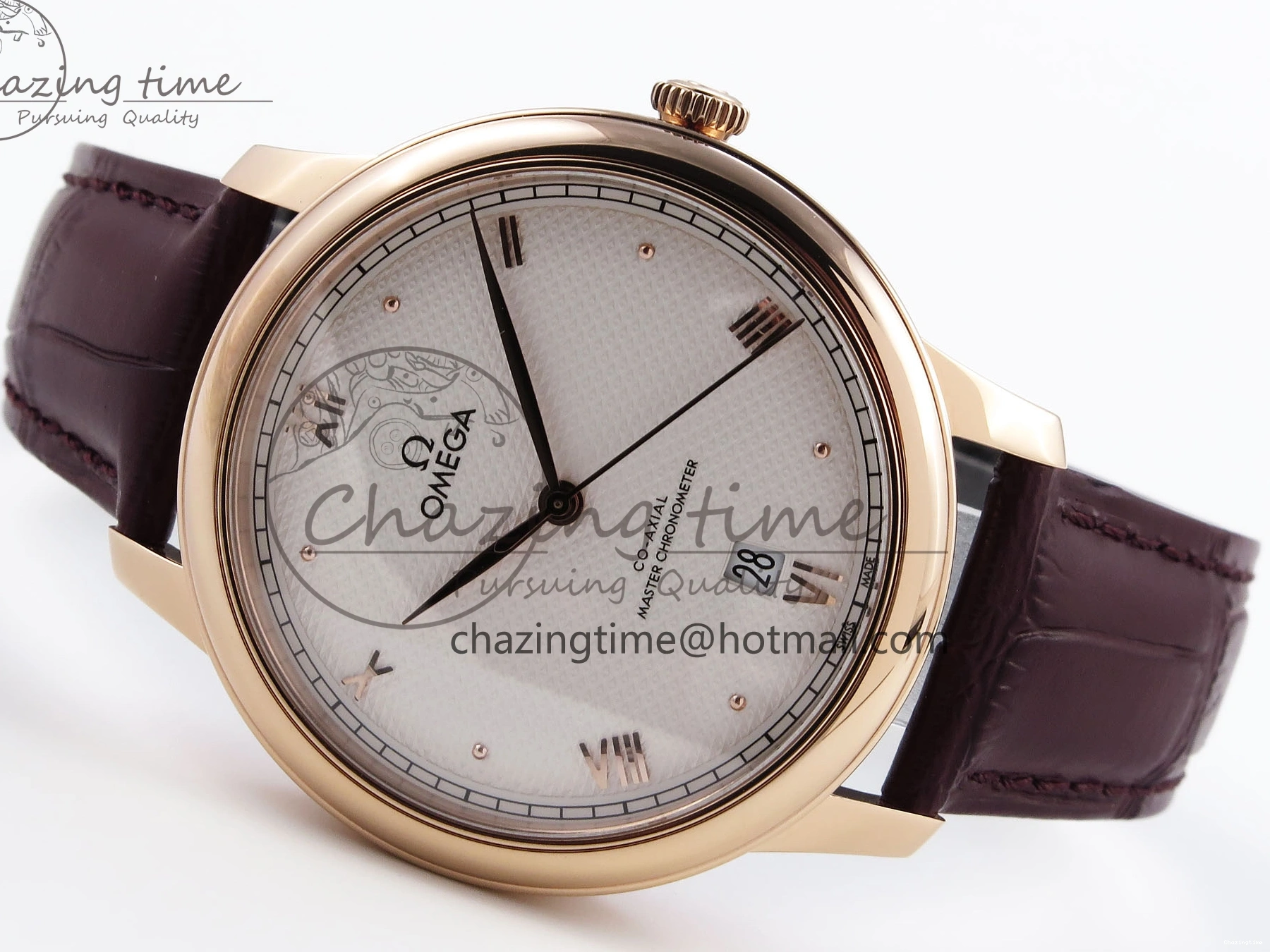 0203 Modern De Ville Date RG MKF 1:1 Best Edition White Textured Dial Roman Marker on Brown Leather Strap A 7752